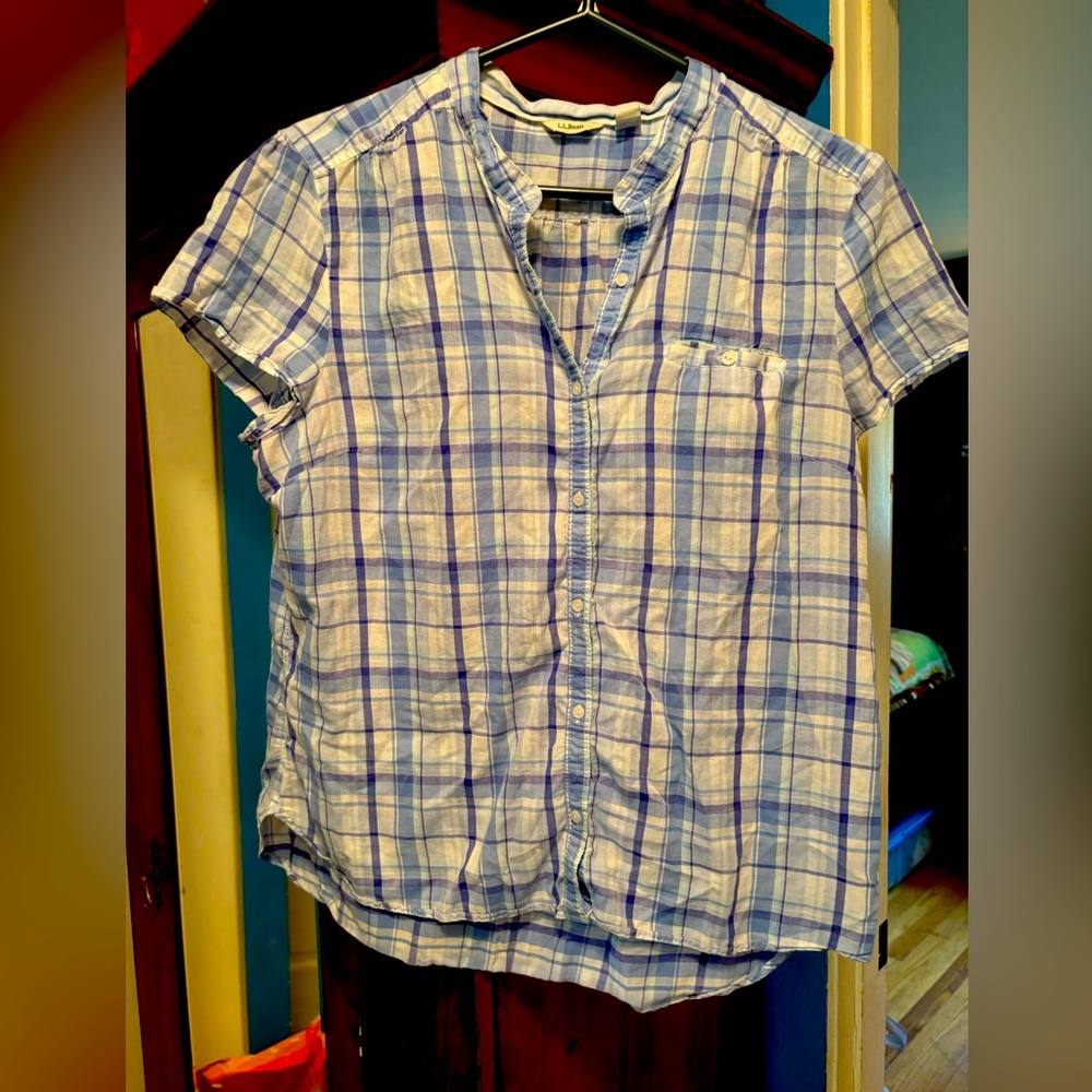 LLBean women’s plaid button down, short sleeved
